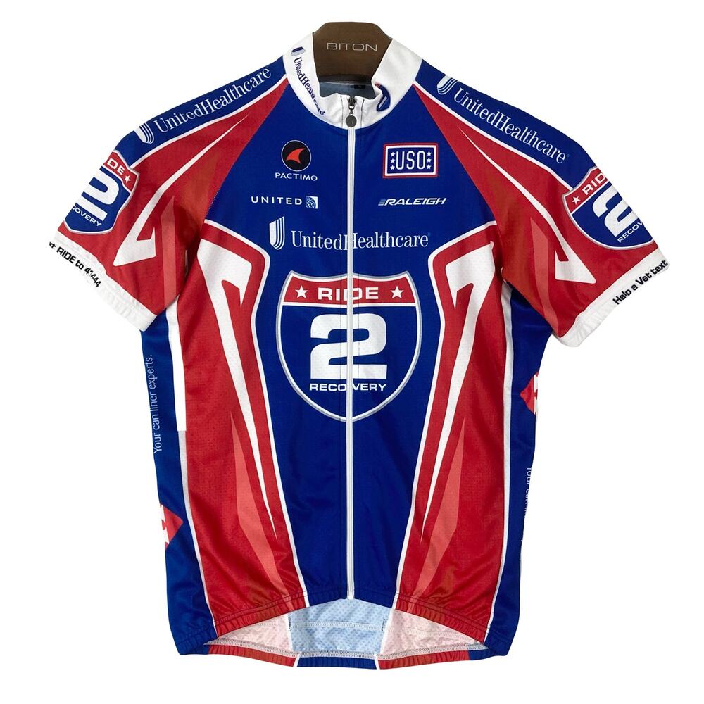nwot PACTIMO Top Men M Cycling Graphic Red Blue Logo Zip Short-Sleeve Pockets